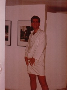 Wearing KT's butcher coat for hair and makeup.