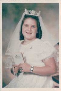 Kate made most a lost of my sister's dresses. This is Mary at her First Holy Communion, 1969. This picture was displayed in the photographer's window for years.